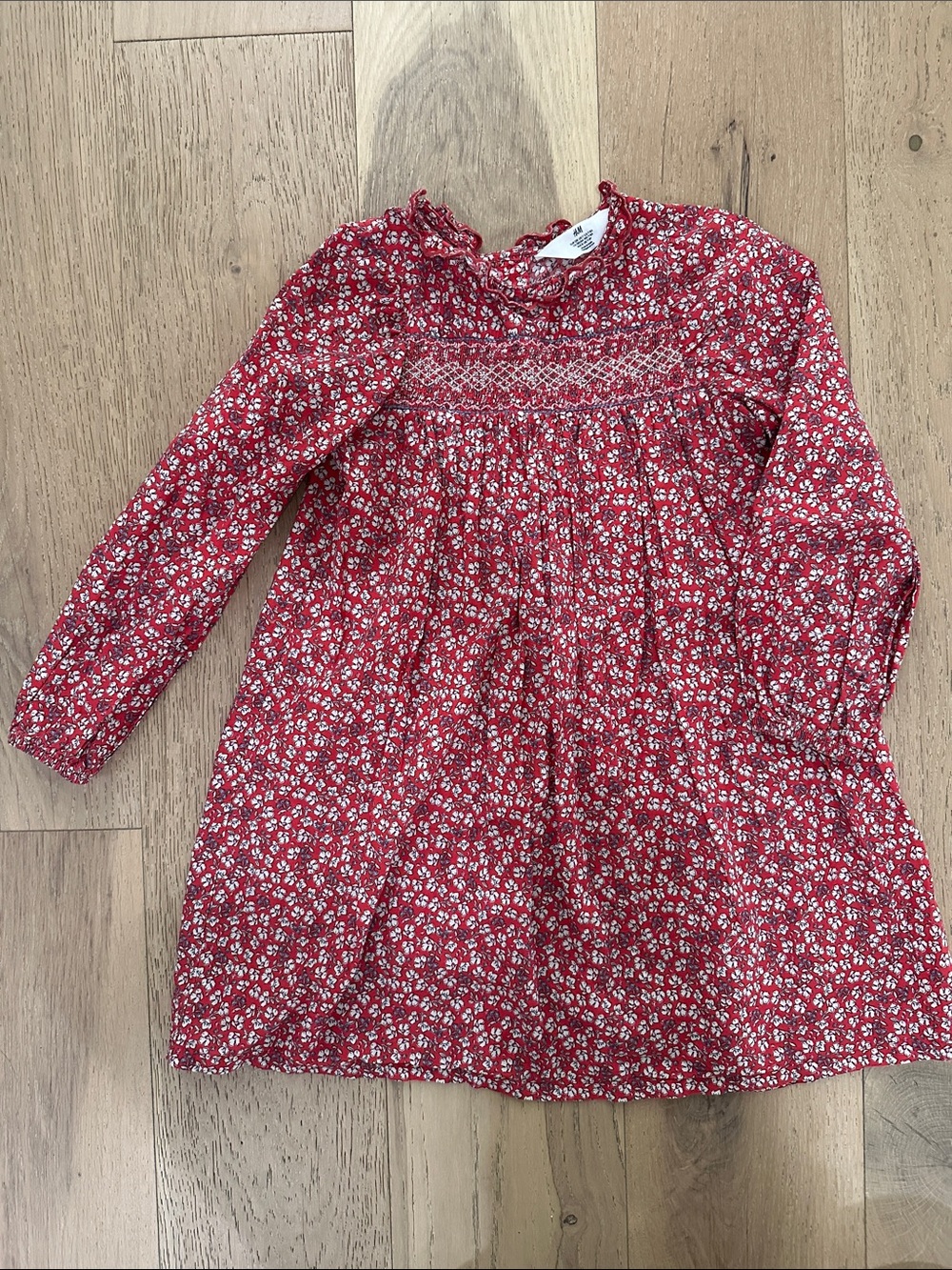 H&M Red Floral Smocked Long Sleeve Dress